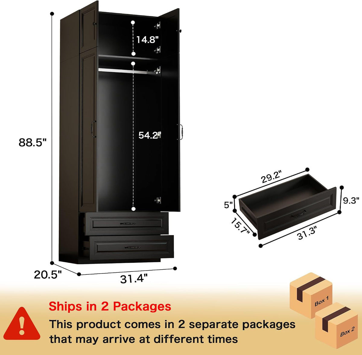 Black Armoire Wardrobe Closet with 2 Drawers: 89" H x 31.5" W
