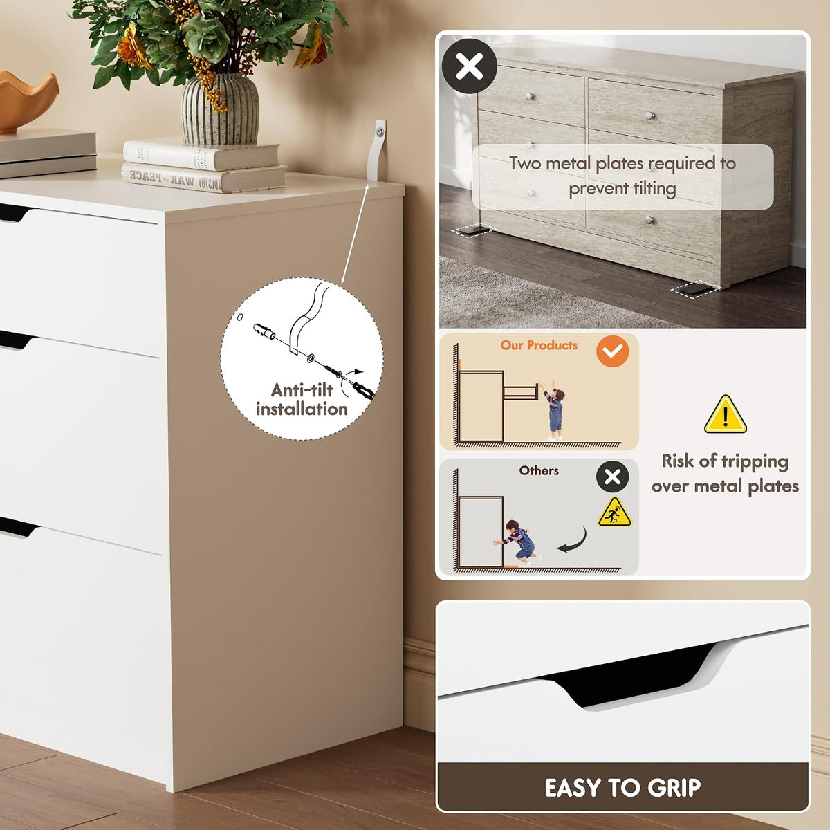 YESHOMY Dresser for Bedroom, 47.2" Modern Wood Chest with 6 Drawers, White