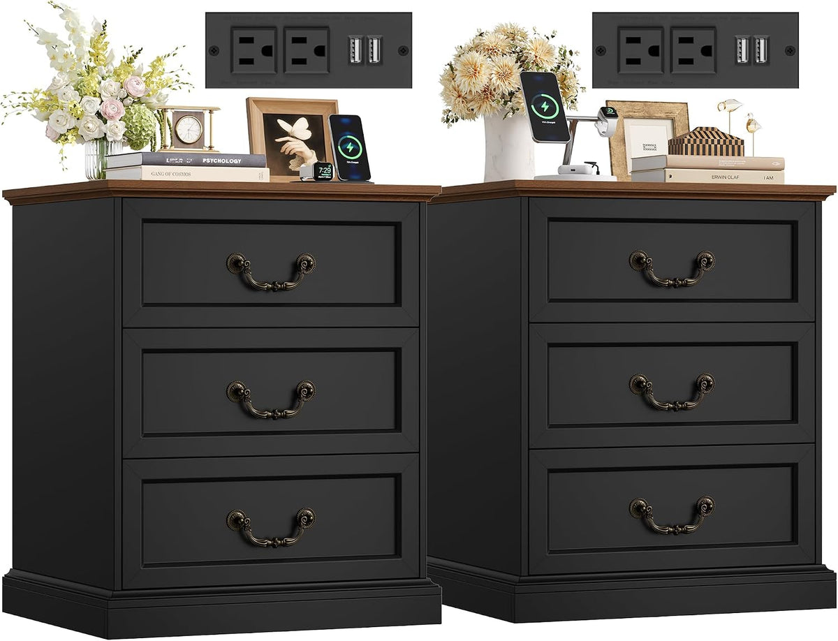 FINETONES Nightstands Set of 2 with Charging Station, 3 Drawer Night Stand