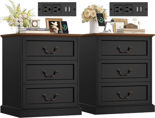 FINETONES Nightstands Set of 2 with Charging Station, 3 Drawer Night Stand