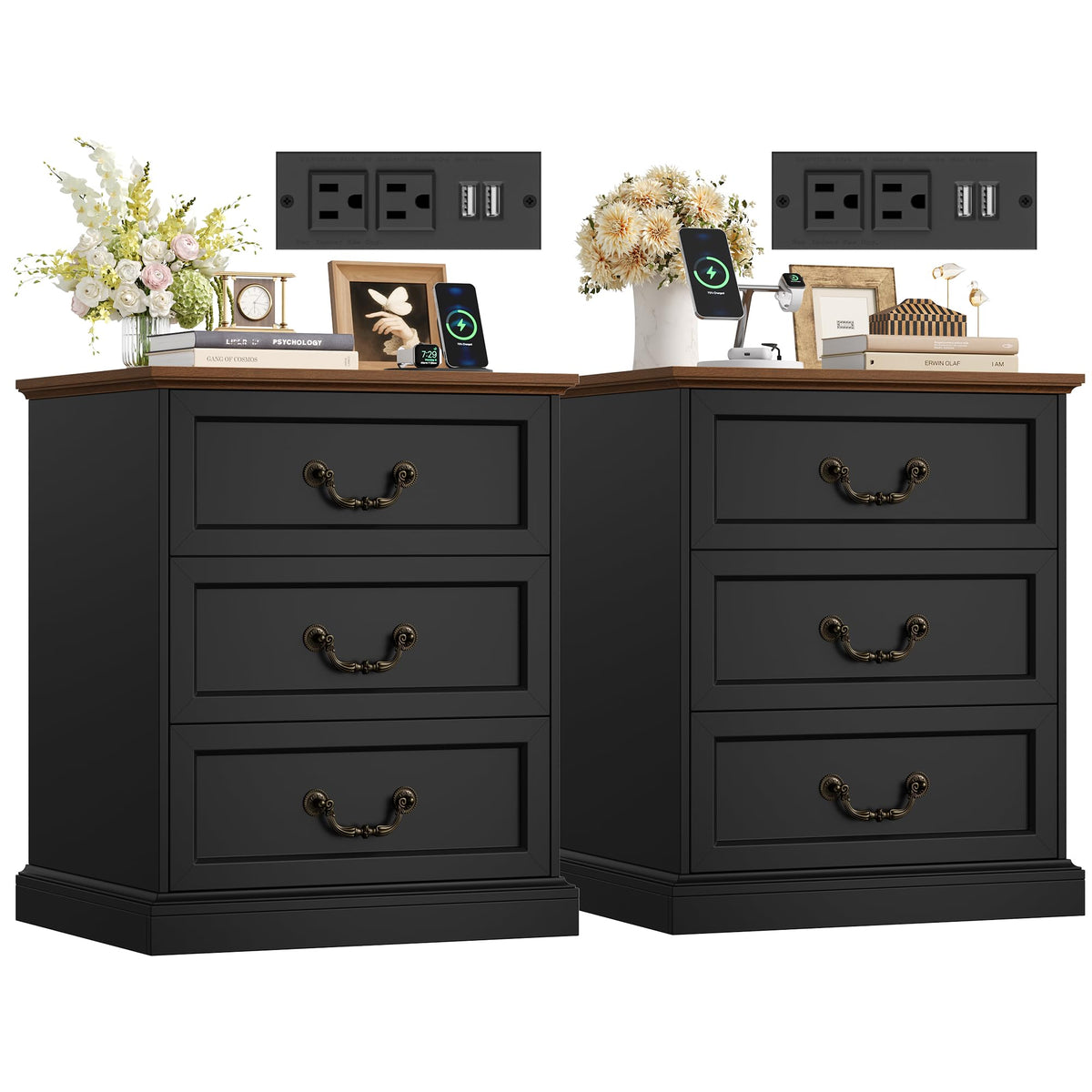 FINETONES Nightstands Set of 2 with Charging Station, 3 Drawer Night Stand