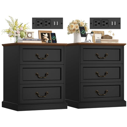 FINETONES Nightstands Set of 2 with Charging Station, 3 Drawer Night Stand