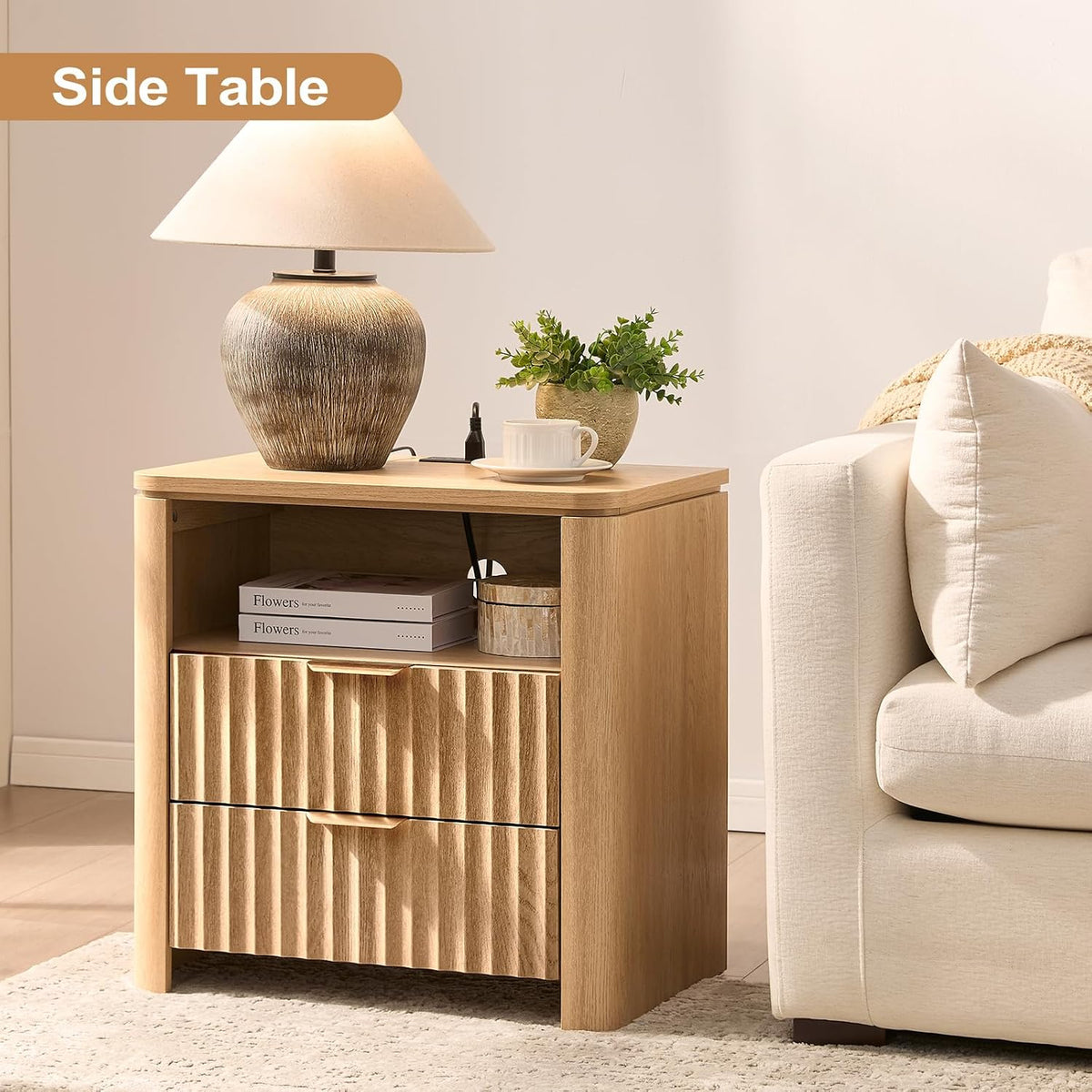 Fluted Nightstand Set of 2 with Charging Station, 23.7" Wide Modern End Table with 2 Drawers, Wooden Bedside Table for Bedroom, Curved Profile Design, Natural