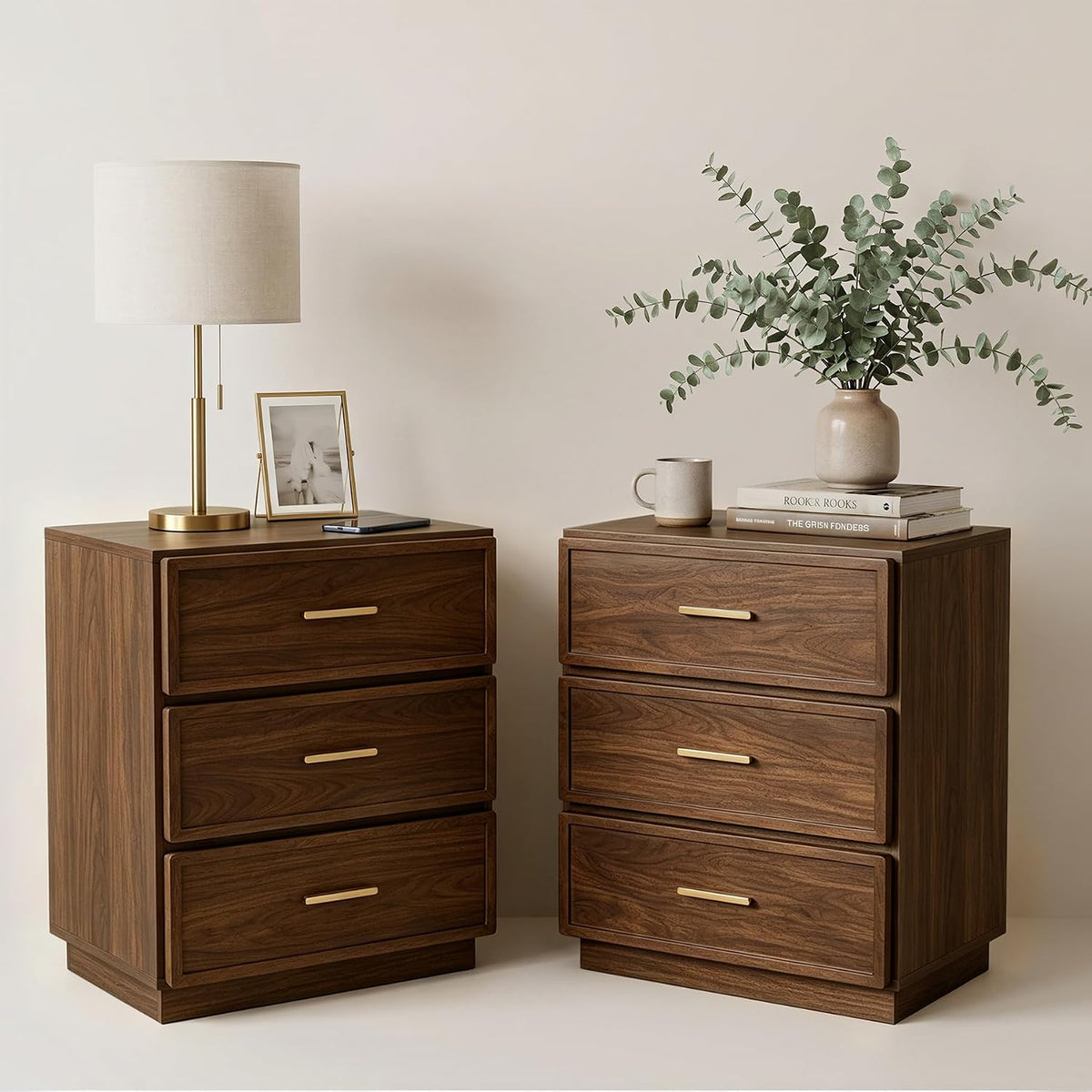 Nightstand Set of 2 Tall Bedside Table with 3 Drawers, Walnut