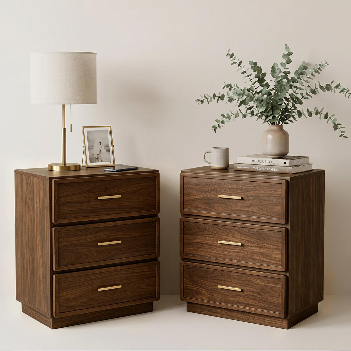 Nightstand Set of 2 Tall Bedside Table with 3 Drawers, Walnut