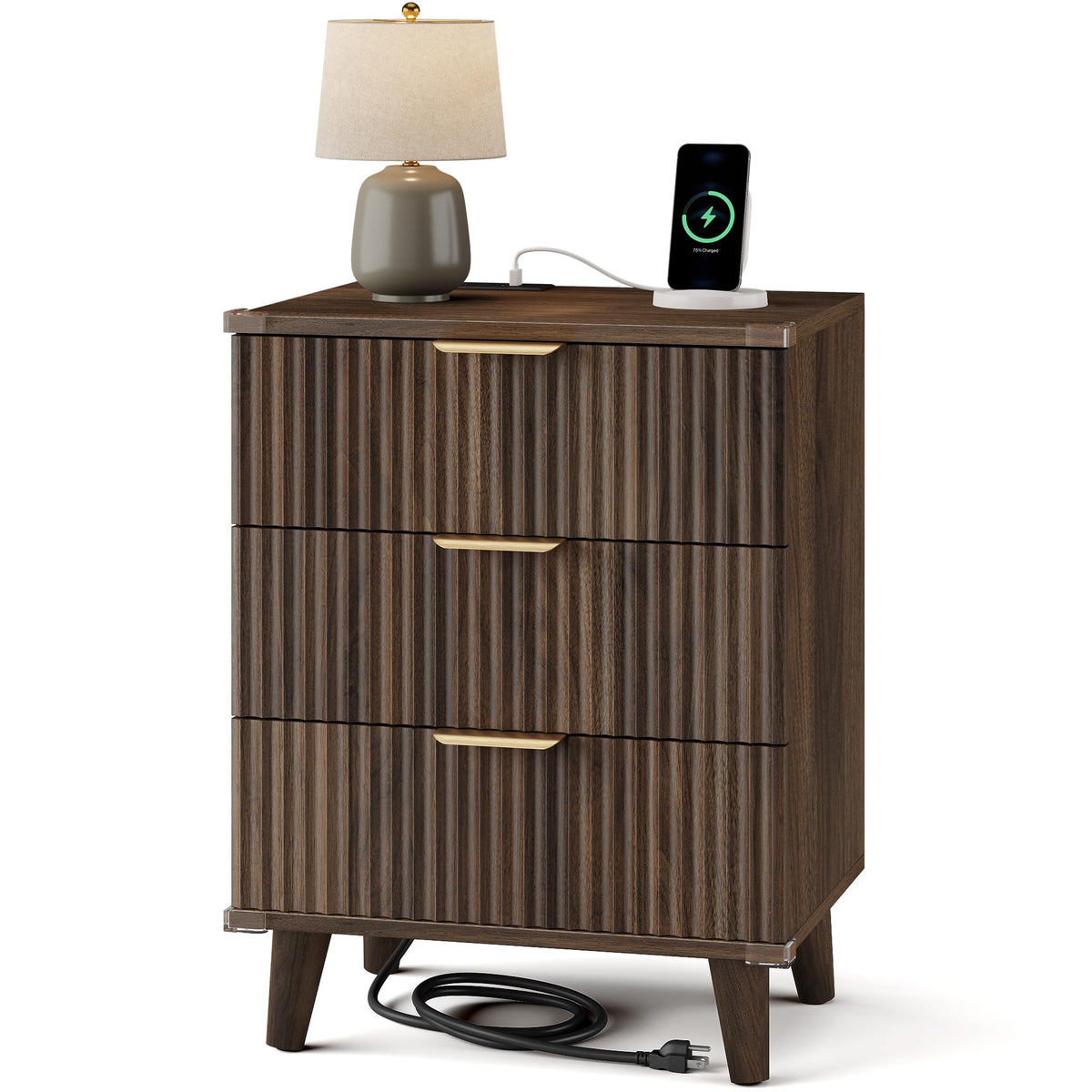 Night Stand Set 2, Fluted Wood Nightstands w/Charging Station for Bedroom