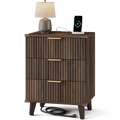 Night Stand Set 2, Fluted Wood Nightstands w/Charging Station for Bedroom