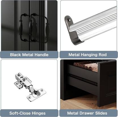 Black Armoire Wardrobe Closet with 3 Drawers, 75" H x 32" W Armoire