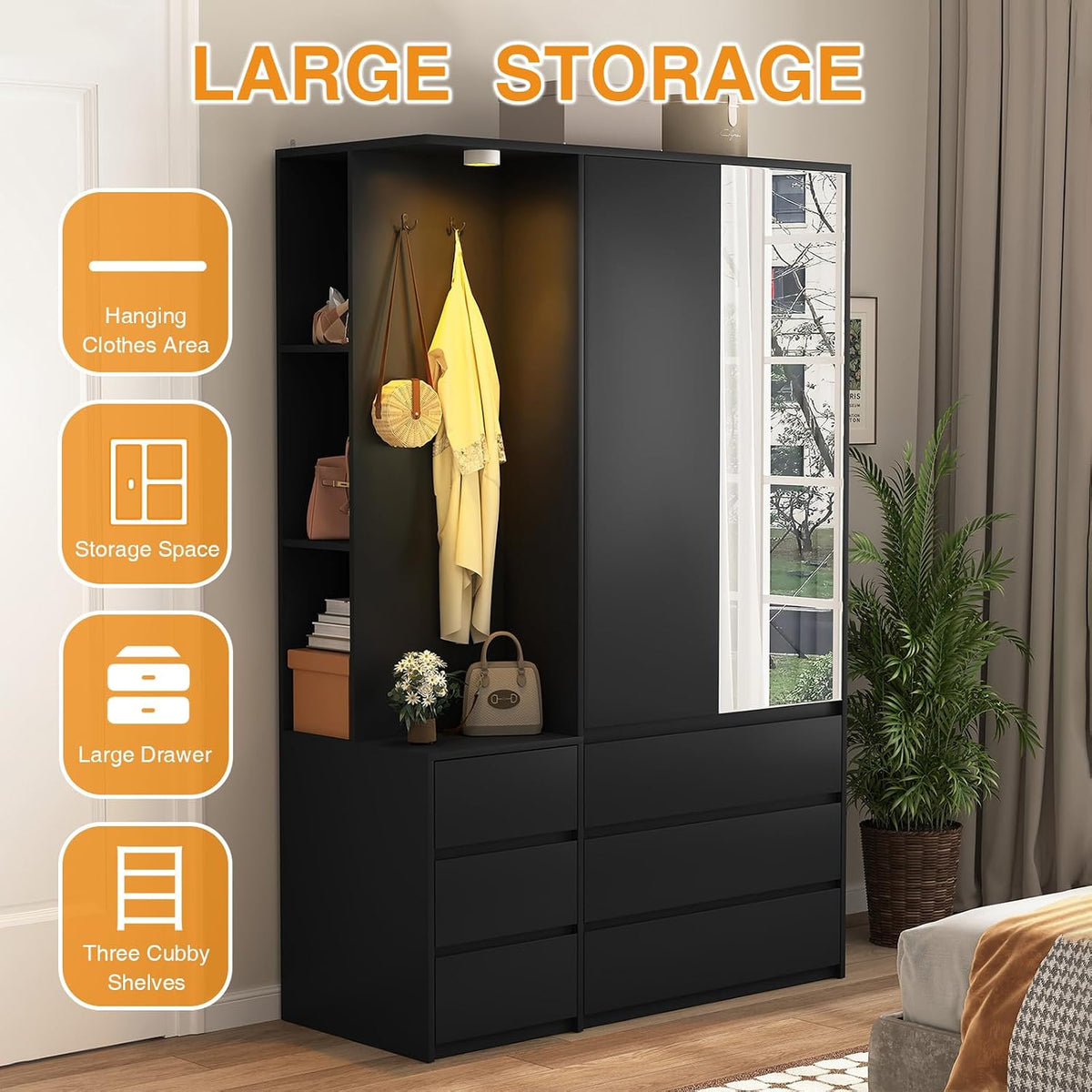 72'' Armoire Wardrobe Closet with Mirror Door & LED Lighting, Large Freestanding Modern Wooden 2 Doors Closet with 6 Drawers & 3 Storage Shelves & Hanging Rod & 2 Hooks for Bedroom (Black)