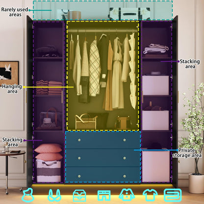 4 Doors LED Armoire Wardrobe Closet with Mirror, 75" Tall Modern Wooden Wardrobe Closet with 3 Drawers, Freestanding Clothing Storage Cabinet with Hanging Rod, Adjustable Shelves, Black