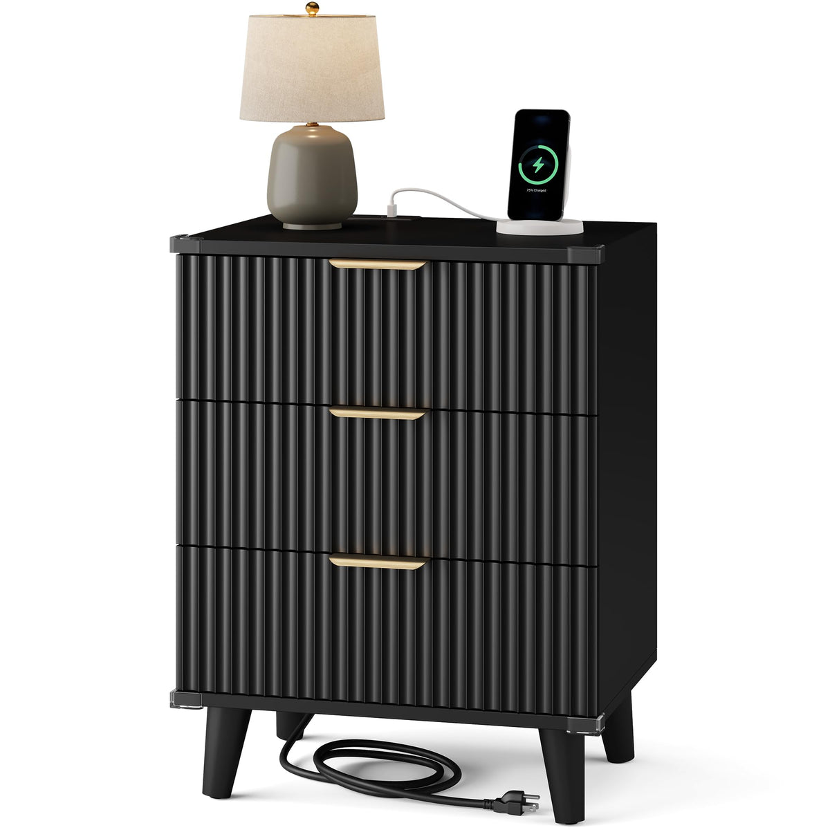 Night Stand Set 2, Fluted Wood Nightstands w/Charging Station for Bedroom