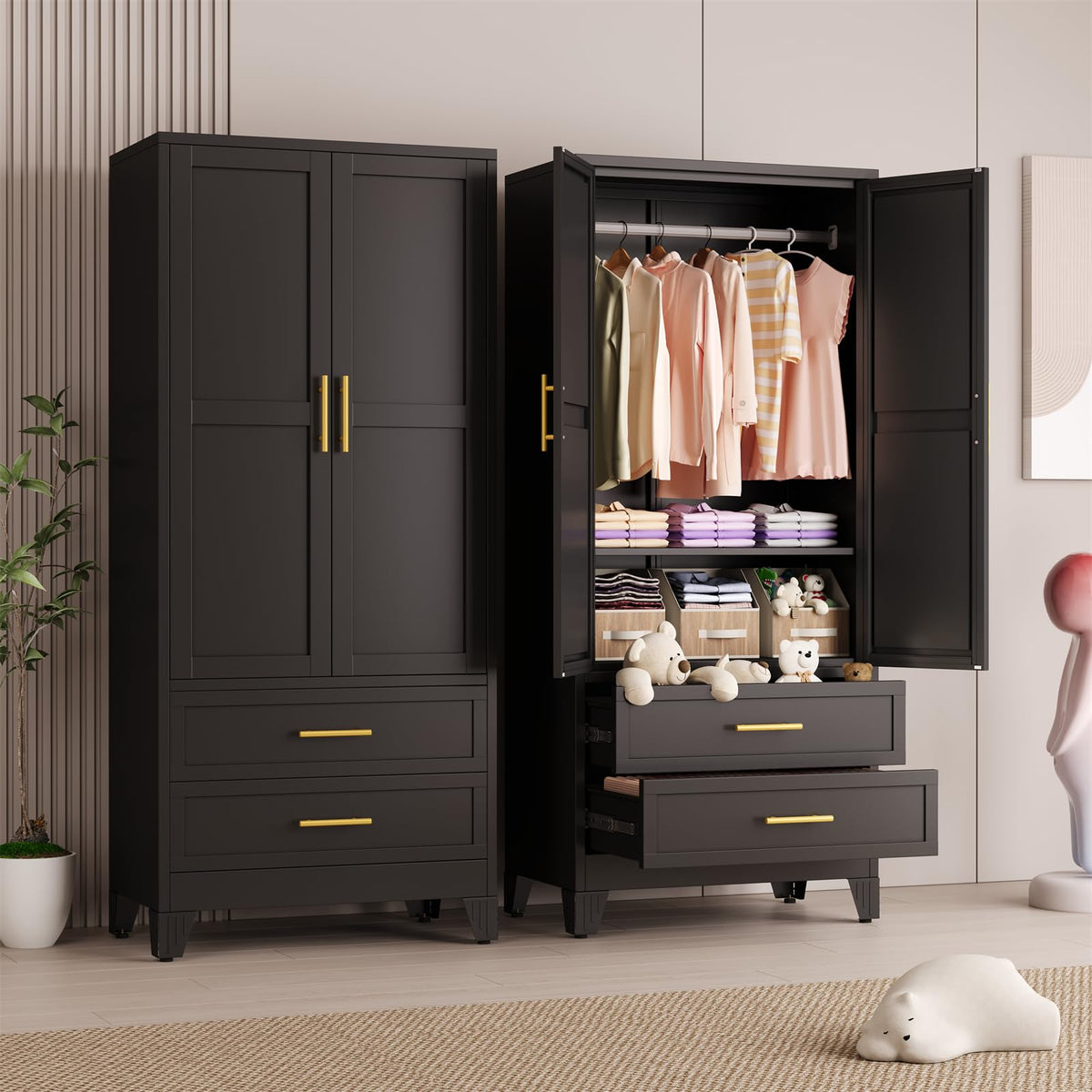 Metal Armoire Wardrobe Closet Storage Cabinet with Mirror White, 71'' Wardrobe Cabinet with Hanging Rod Metal Closet with Adjustable Shelf and Drawer for Bedroom, Laundry Room, Cloak Room
