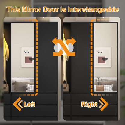 72'' Armoire Wardrobe Closet with Mirror Door & LED Lighting, Large Freestanding Modern Wooden 2 Doors Closet with 6 Drawers & 3 Storage Shelves & Hanging Rod & 2 Hooks for Bedroom (Black)