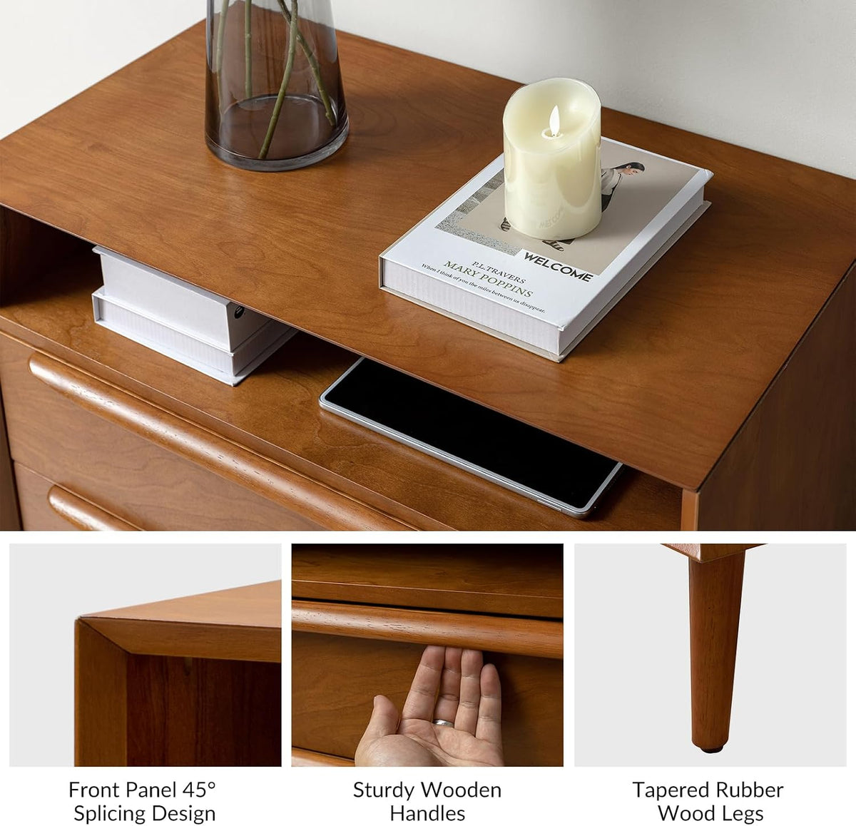 HULALA HOME End Table with Charging Station, 2 Drawers, Set of 2, Acorn