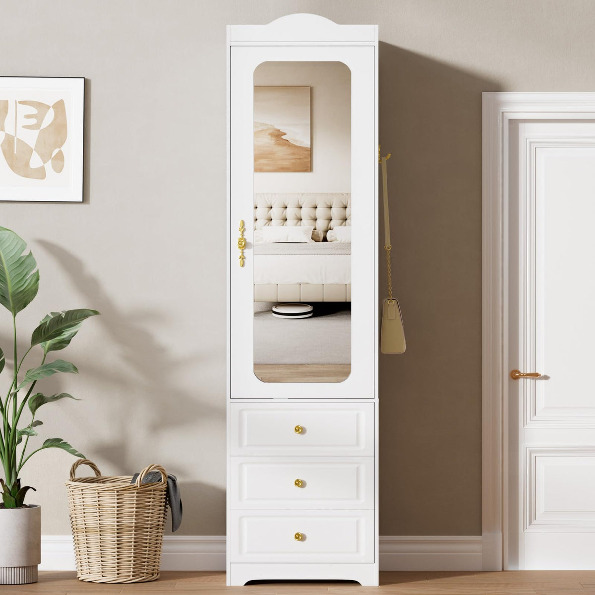 Armoire Wardrobe Closet, White Bedroom Armoires Cabinet with Mirror Door and 6 Drawers, 15.7" W/69.5" H Clothing Storage Cabinet with Hanging Rod & Sensor Light for Bedroom-Left+Right
