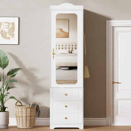 Armoire Wardrobe Closet, White Bedroom Armoires Cabinet with Mirror Door and 6 Drawers, 15.7" W/69.5" H Clothing Storage Cabinet with Hanging Rod & Sensor Light for Bedroom-Left+Right