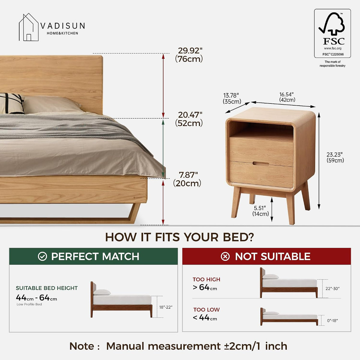 Solid Wood Nightstand Set of 2, Mid Century Modern Nightstand with Drawers, Natural Wood Nightstand with Storage, Wooden Night Stand, Small Nightstands, Bedside Table for Bedroom(23.23" H)