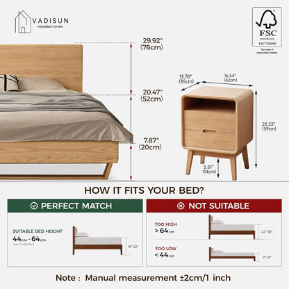 Solid Wood Nightstand Set of 2, Mid Century Modern Nightstand with Drawers, Natural Wood Nightstand with Storage, Wooden Night Stand, Small Nightstands, Bedside Table for Bedroom(23.23" H)