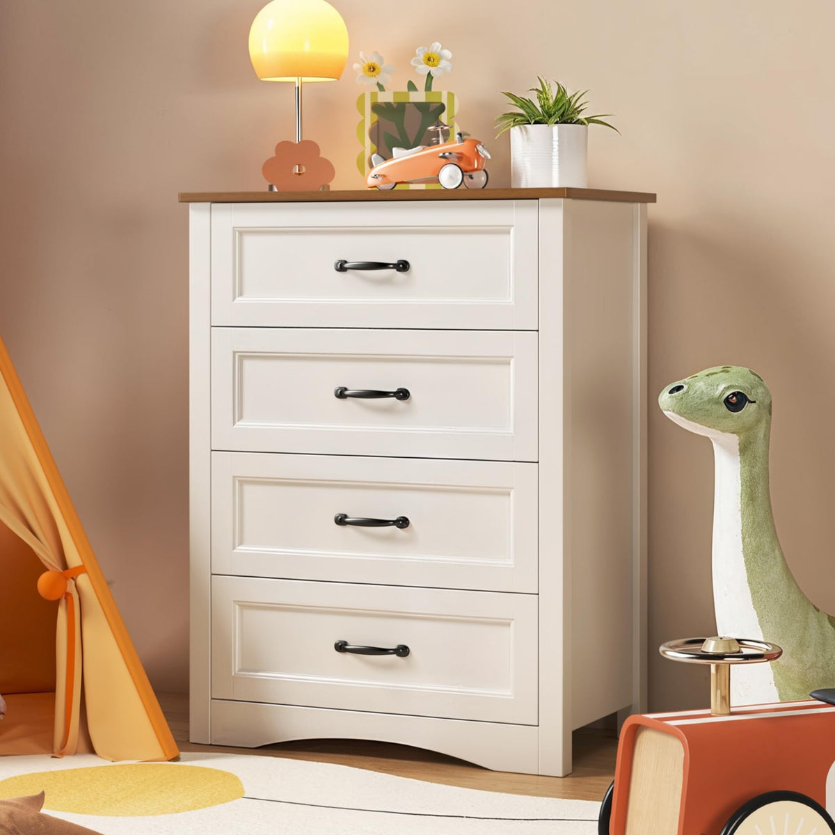 Gizoon 4 Drawer Dresser for Bedroom, Wood Storage Chest, White