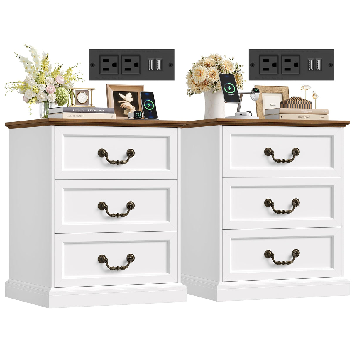 FINETONES Nightstands Set of 2 with Charging Station, 3 Drawer Night Stand