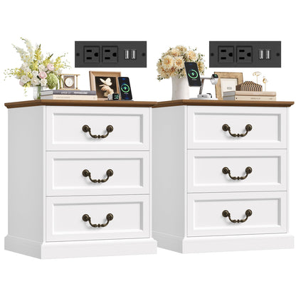 FINETONES Nightstands Set of 2 with Charging Station, 3 Drawer Night Stand