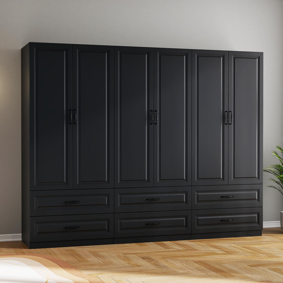 Black Wardrobe Closet with 9 Drawers and 6 Doors, 75" H x 95" W