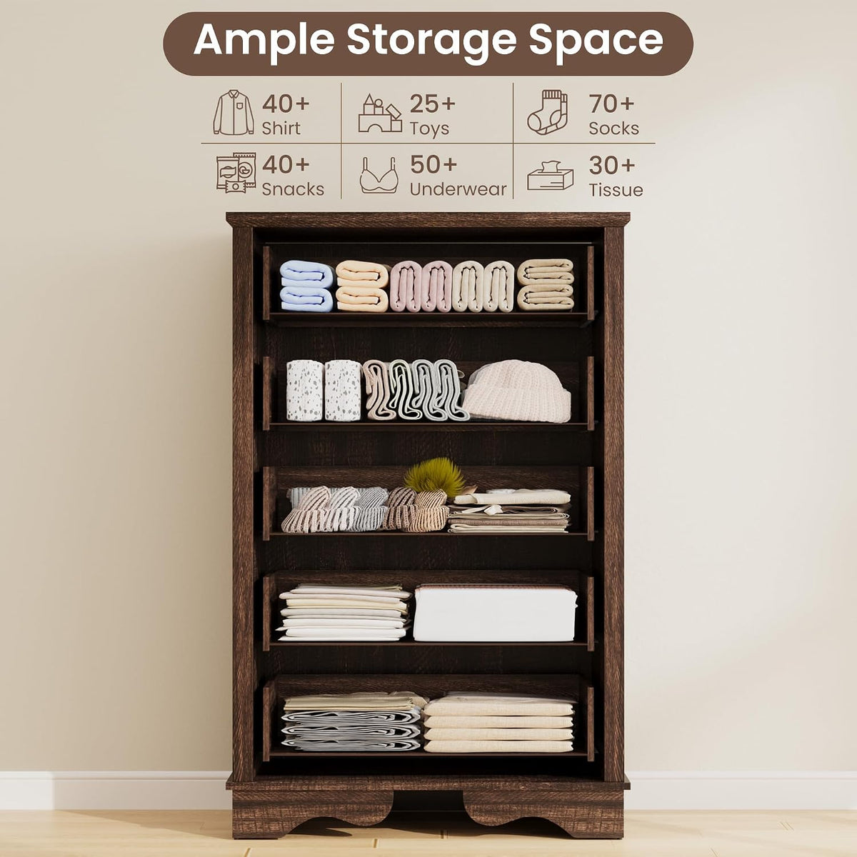 Garvee Brown 5 Modern Chest of Drawers Dresser with Storage for Bedroom