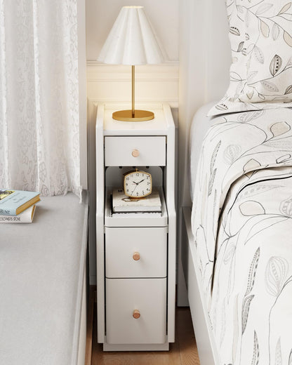 Solid Wood Narrow Nightstand with 3 Drawers,Modern White,Fully Assembled