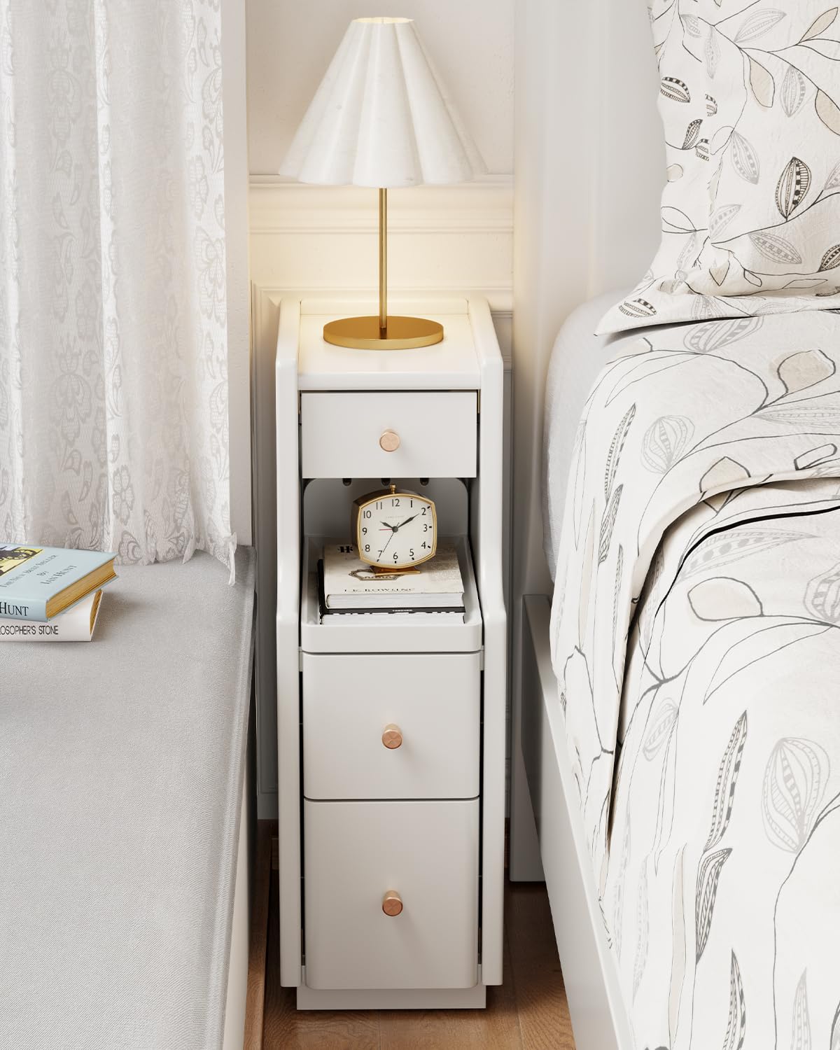 Solid Wood Narrow Nightstand with 3 Drawers,Modern White,Fully Assembled