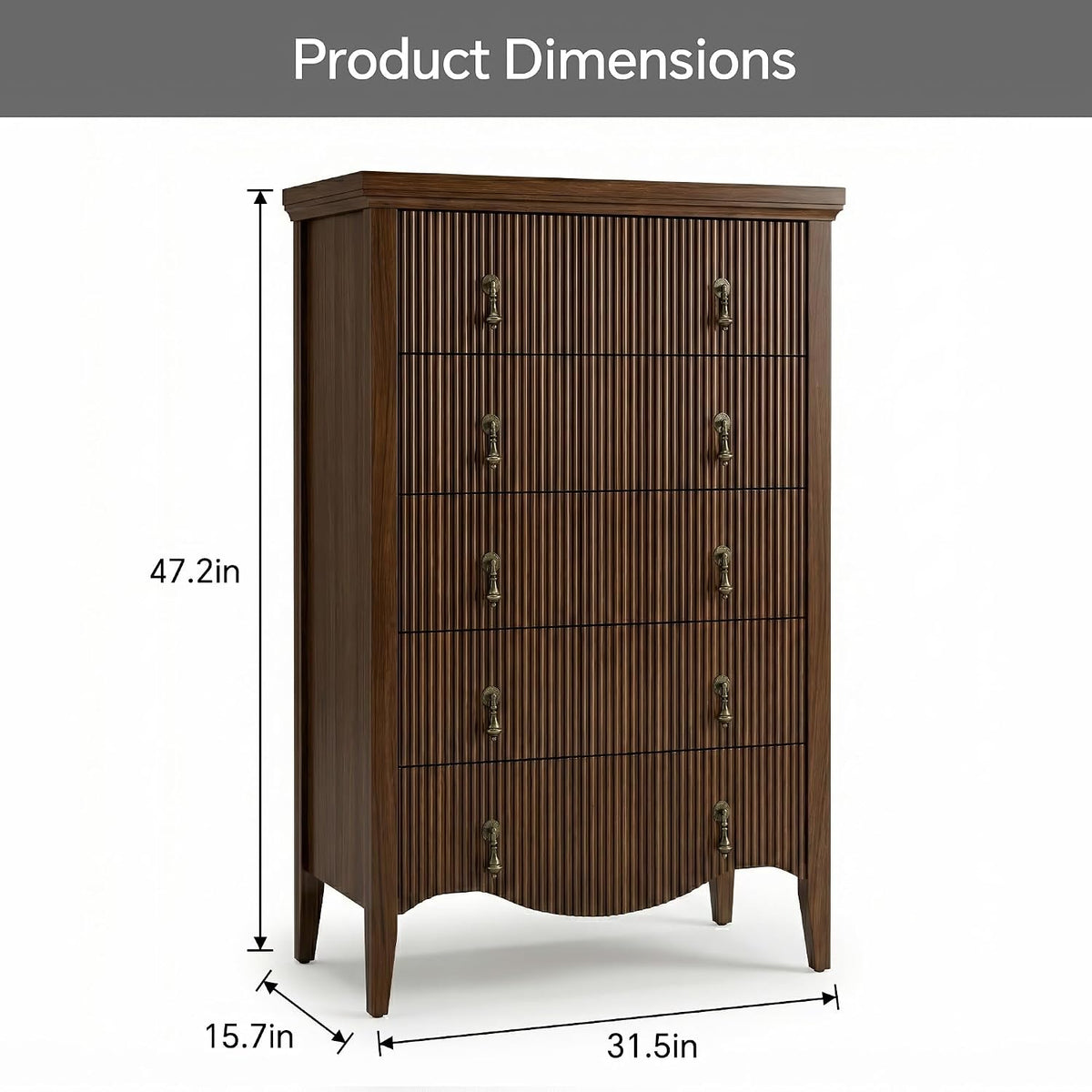 FUSUNBAO 5-Drawer 47" Tall Fluted Dresser, Vertical Chest of Drawers,Walnut