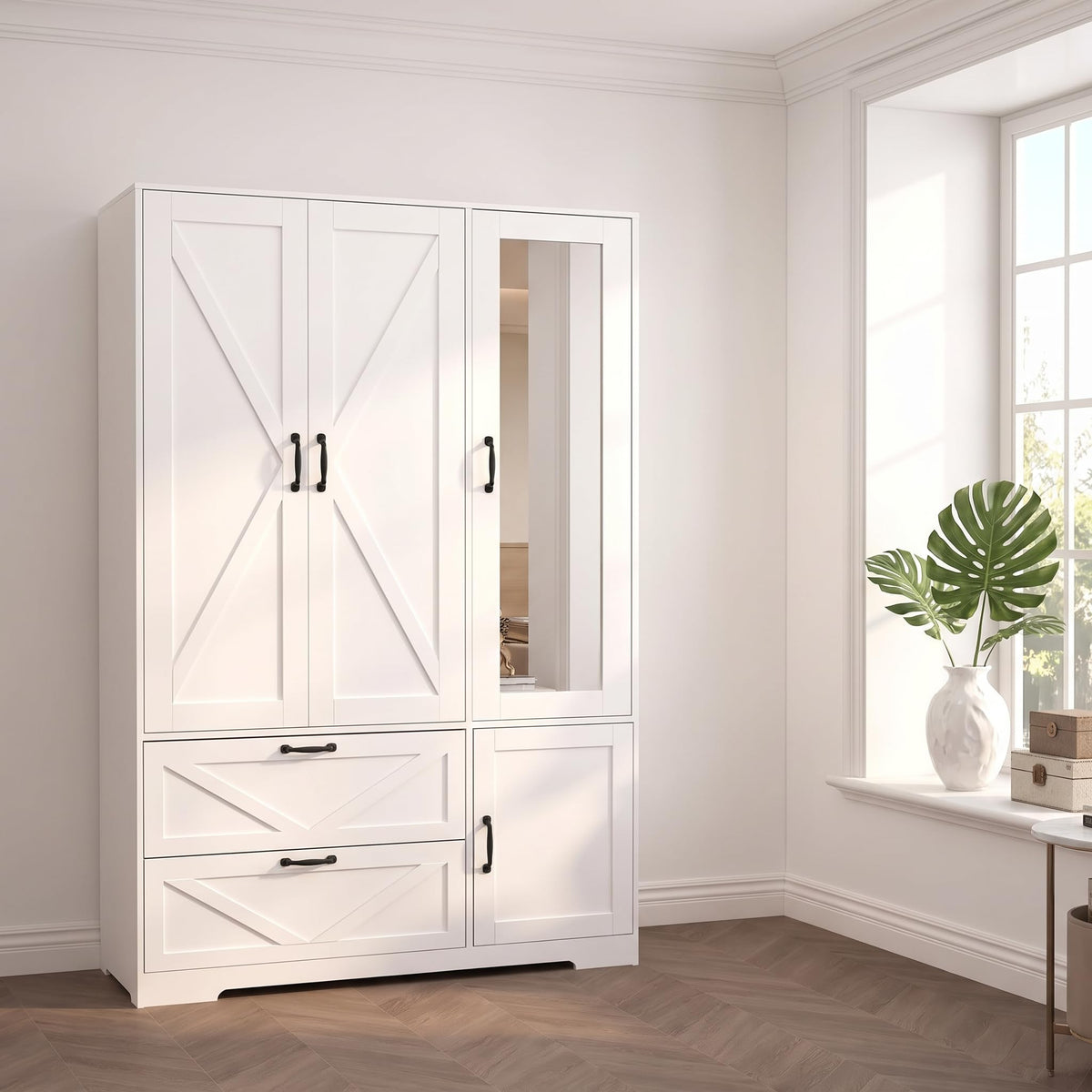 Black 3 Door Wardrobe Closet with Mirror, Bedroom Armoire Wardrobe Closet with Lights, 2 Drawers, Hanging Rod and Cabinet, Large Clothes Storage Organizer, 47.2 x 19.68 x 71.65 in