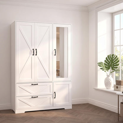 Black 3 Door Wardrobe Closet with Mirror, Bedroom Armoire Wardrobe Closet with Lights, 2 Drawers, Hanging Rod and Cabinet, Large Clothes Storage Organizer, 47.2 x 19.68 x 71.65 in