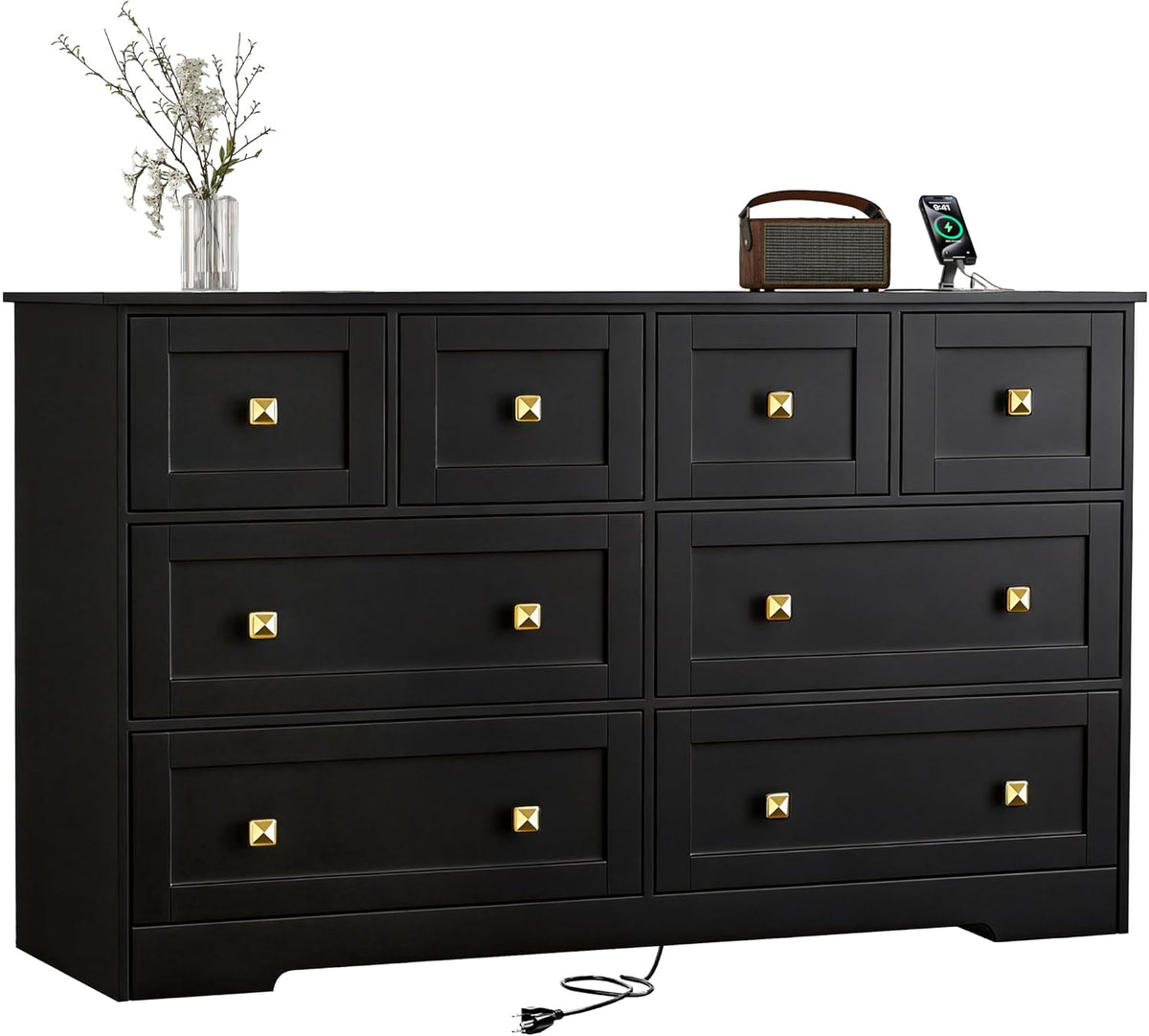 Black Dresser for Bedroom with Power Outlets Wide Wooden Dresser with 8 Drawer and Metal Handle Large Clothing Storage for Bedroom