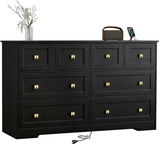 Black Dresser for Bedroom with Power Outlets Wide Wooden Dresser with 8 Drawer and Metal Handle Large Clothing Storage for Bedroom