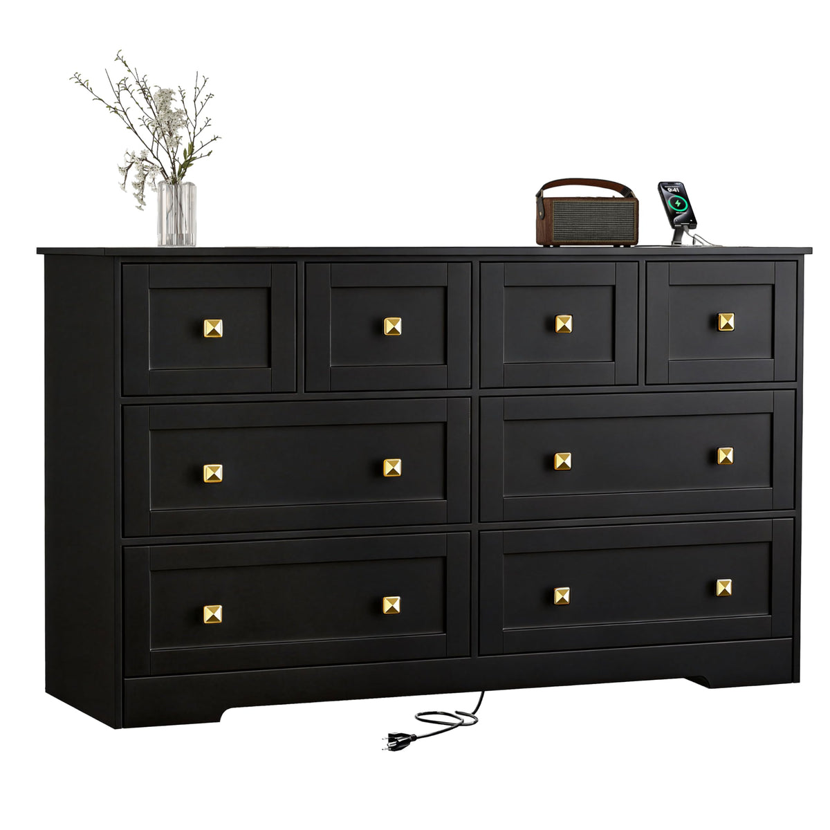 Black Dresser for Bedroom with Power Outlets Wide Wooden Dresser with 8 Drawer and Metal Handle Large Clothing Storage for Bedroom