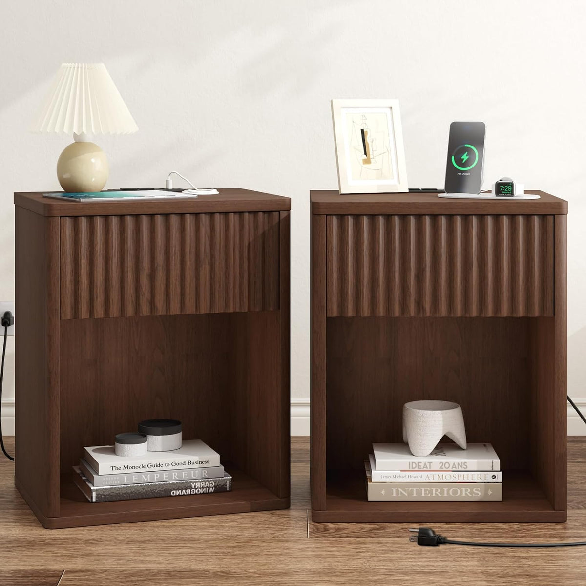 Fluted Nightstands Set of 2 w/Charging Station, Wooden End Table Bed Side Table with Curved Drawer, Mid Century Modern Fluted Night Stand with Rounded Edge for Bedroom, Living Room Sofa, Walnut