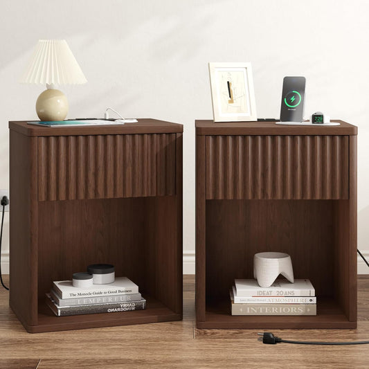 Fluted Nightstands Set of 2 w/Charging Station, Wooden End Table Bed Side Table with Curved Drawer, Mid Century Modern Fluted Night Stand with Rounded Edge for Bedroom, Living Room Sofa, Walnut