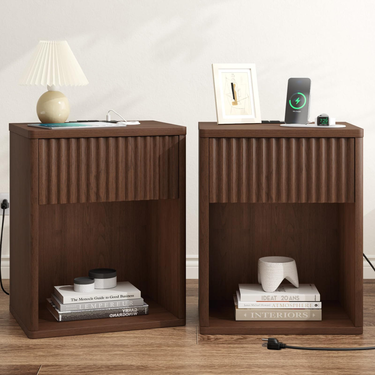 Fluted Nightstands Set of 2 w/Charging Station, Wooden End Table Bed Side Table with Curved Drawer, Mid Century Modern Fluted Night Stand with Rounded Edge for Bedroom, Living Room Sofa, Walnut