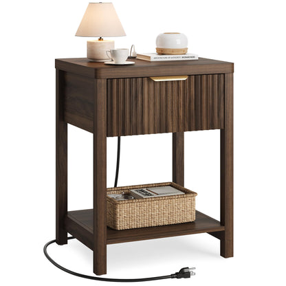 Night Stand Set 2, Fluted Wood Nightstands w/Charging Station for Bedroom