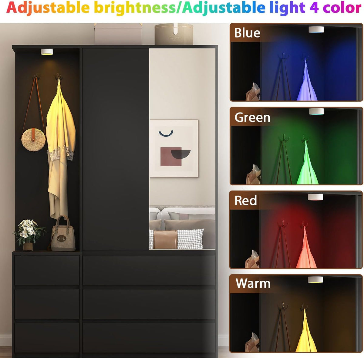 72'' Armoire Wardrobe Closet with Mirror Door & LED Lighting, Large Freestanding Modern Wooden 2 Doors Closet with 6 Drawers & 3 Storage Shelves & Hanging Rod & 2 Hooks for Bedroom (Black)