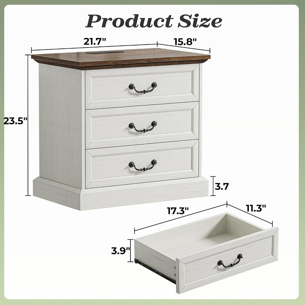 Huuger Nightstand with Charging Station, 3 Drawer Night Stand Set of 2