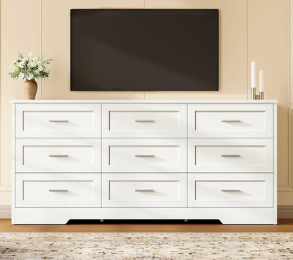 TEENFON 57.1"W White Dresser for Bedroom, Modern 9 Drawer Dresser with Metal Handles, Wood Dressers & Chest of Drawers, Wooden Closet Clothes Storage Organizer for Bedroom, Living Room, Hallway, White