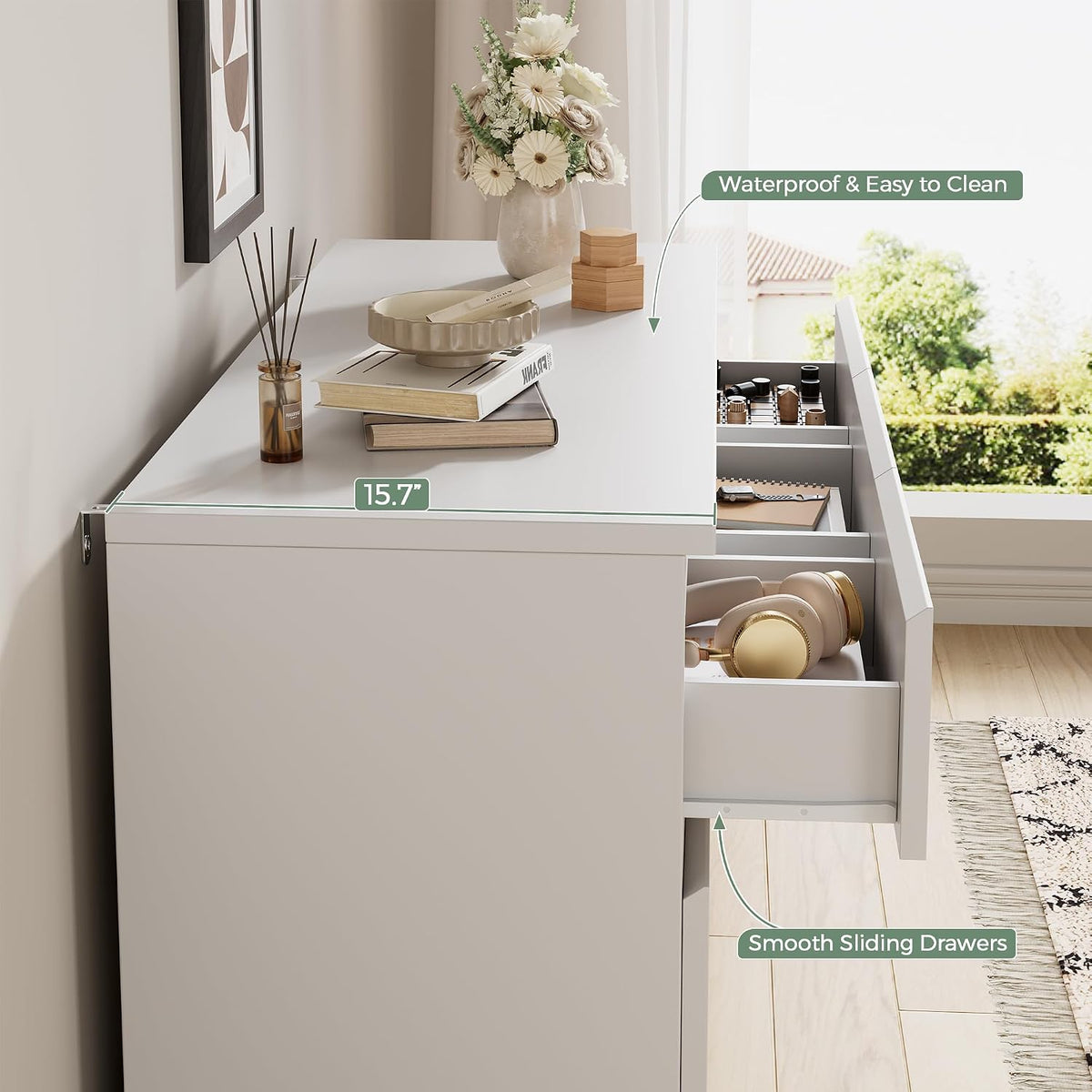 Jocoevol Modern White 7 Drawer Dresser for Bedroom, Simply Chest of Drawers, Wood Storage Dresser with Deep Drawers for Living Room Hallway Entryway, White