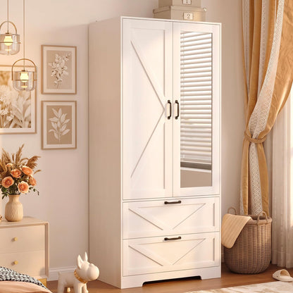 72" Armoire Wardrobe Closet with Mirror Door and LED Lights,Farmhouse Bedroom Armoire with Drawers and Adjustable Shelves,Wooden Armoire Wardrobe Closet with Hanging Rod for Bedroom(Black)