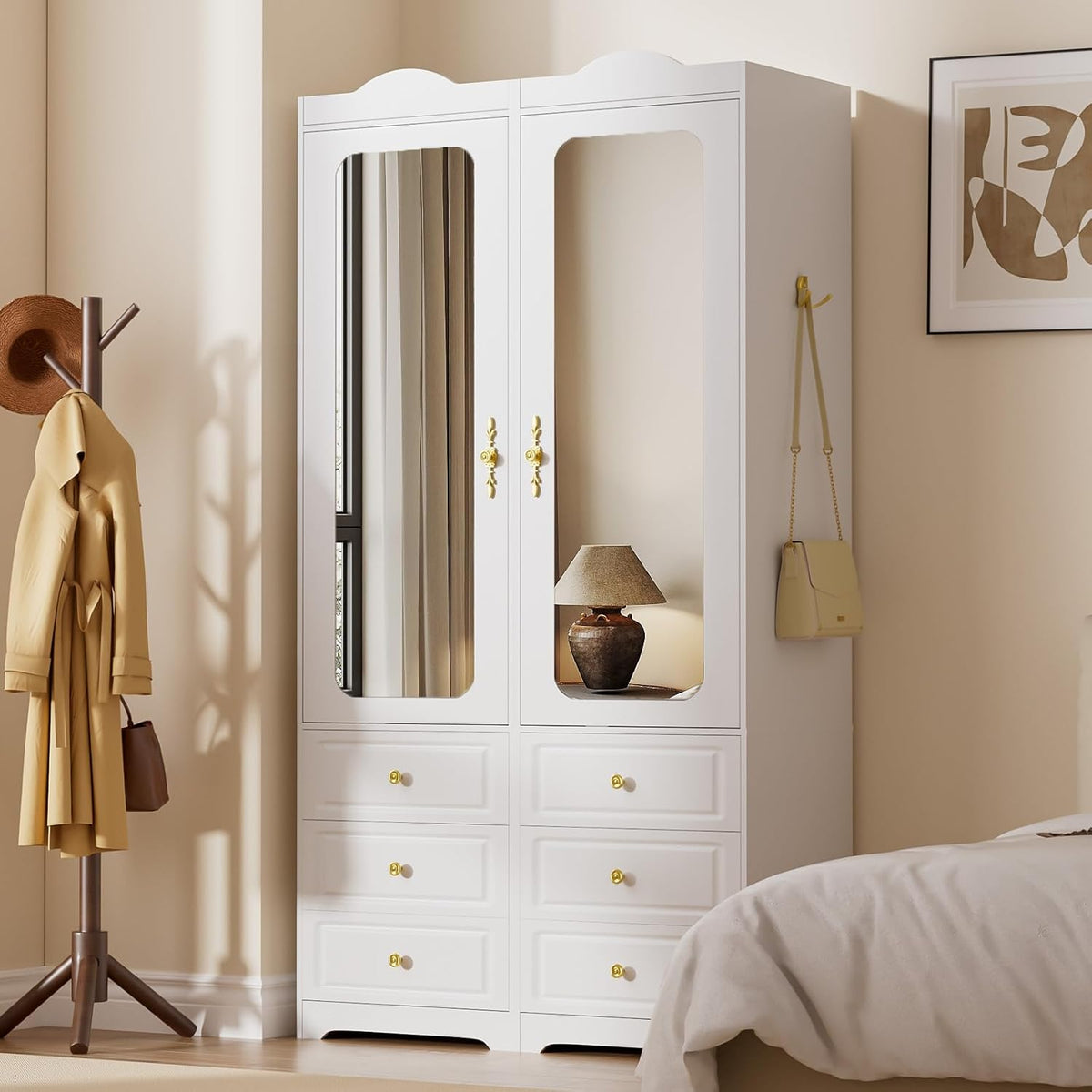 Armoire Wardrobe Closet, White Bedroom Armoires Cabinet with Mirror Door and 6 Drawers, 15.7" W/69.5" H Clothing Storage Cabinet with Hanging Rod & Sensor Light for Bedroom-Left+Right