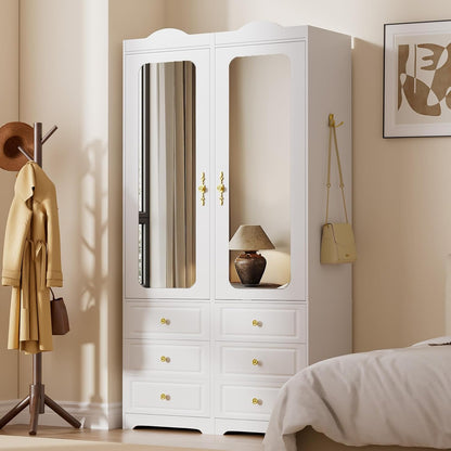 Armoire Wardrobe Closet, White Bedroom Armoires Cabinet with Mirror Door and 6 Drawers, 15.7" W/69.5" H Clothing Storage Cabinet with Hanging Rod & Sensor Light for Bedroom-Left+Right