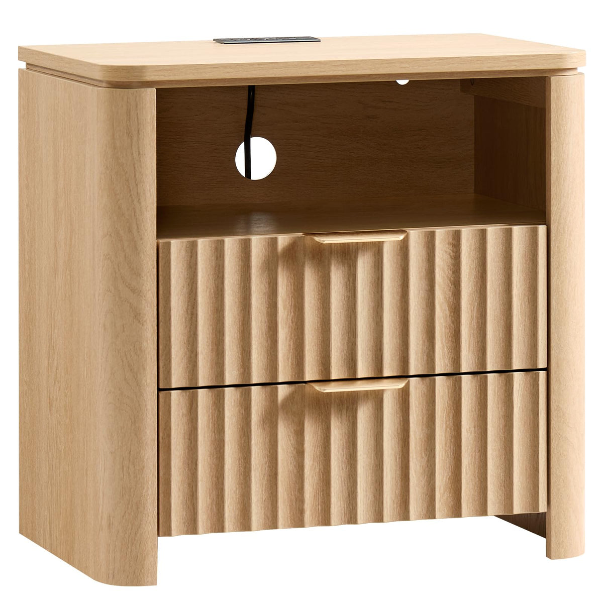 Fluted Nightstand Set of 2 with Charging Station, 23.7" Wide Modern End Table with 2 Drawers, Wooden Bedside Table for Bedroom, Curved Profile Design, Natural