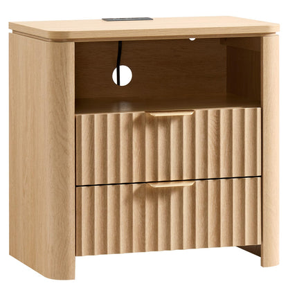 Fluted Nightstand Set of 2 with Charging Station, 23.7" Wide Modern End Table with 2 Drawers, Wooden Bedside Table for Bedroom, Curved Profile Design, Natural
