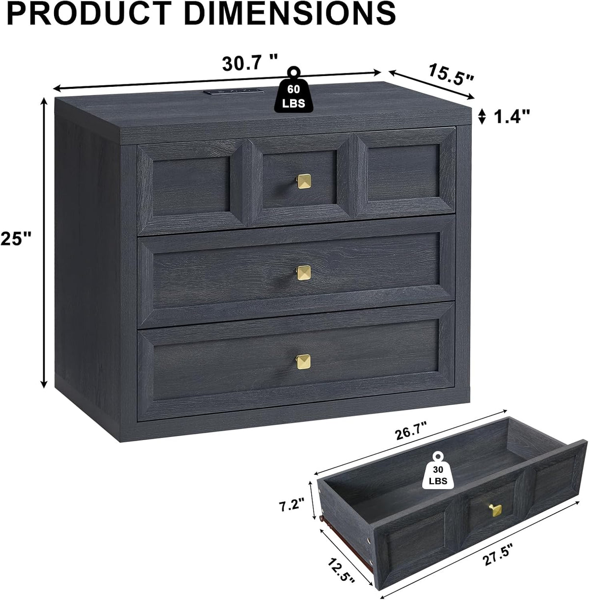 Night Stand Large W/Charging Station, 30.7" W Oversized Nightstands Tall Bedside Table with 3 Drawers, Accent End Table W/Large Storage, Modern Wood End Table for Bedroom, Office