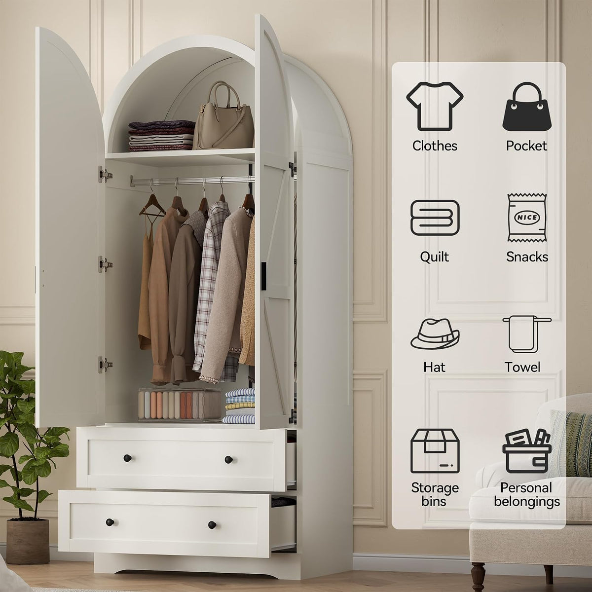 Gyfimoie White Armoire Wardrobe Closet with 2 Drawers, 75" Wooden Wardrobe with 2 Doors, Freestanding Closet Armoire Cabinet with Hanging Rack, Clothing Storage Cabinet for Bedroom (White)